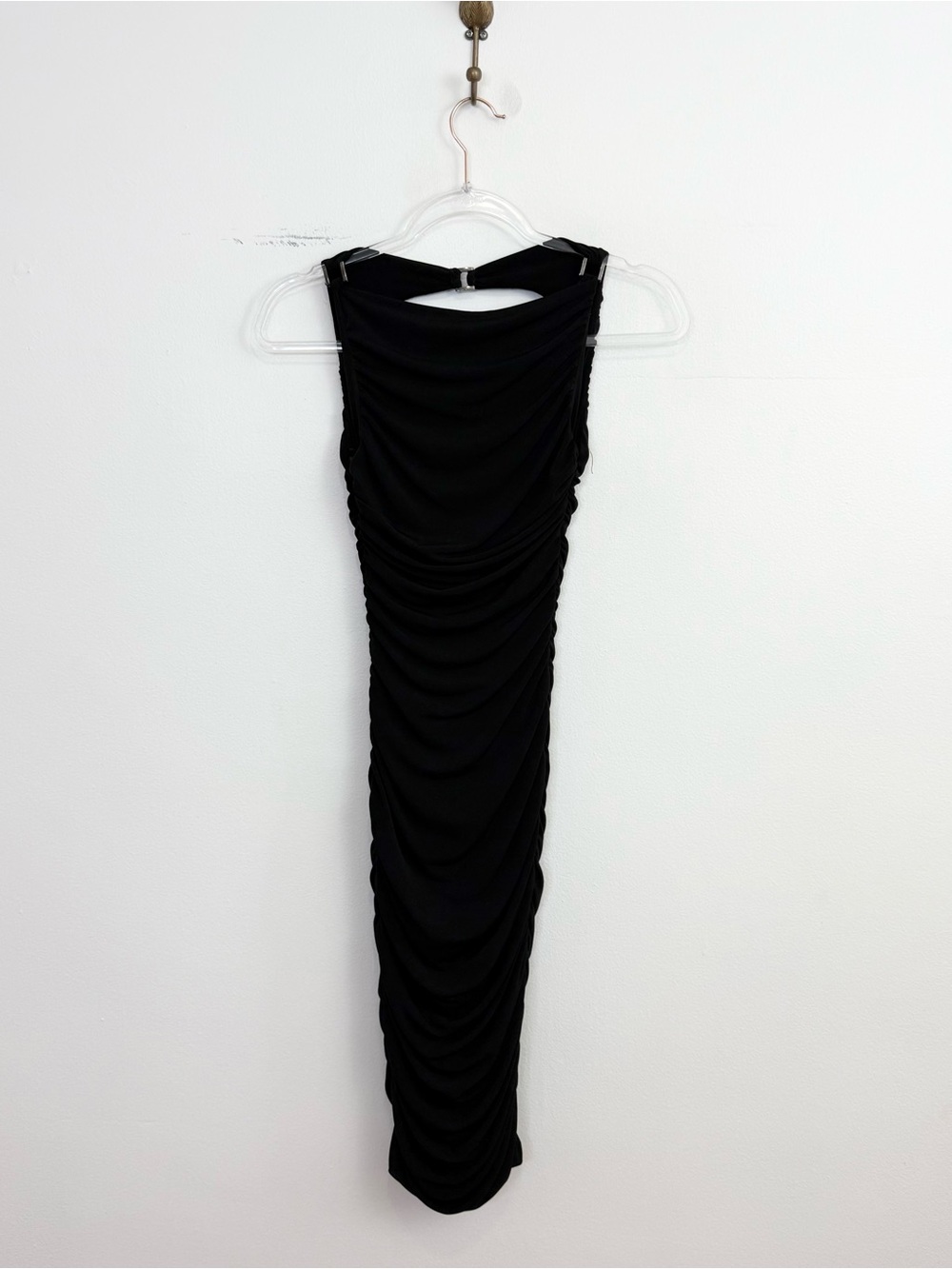 Cache Vintage Y2K Black Ruched Open Back Bodycon Midi Dress Size 2
